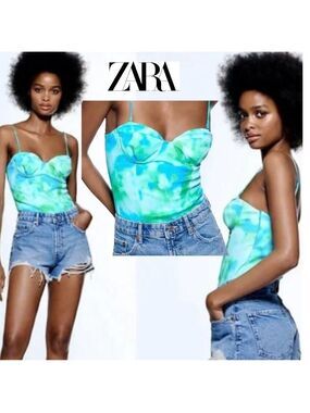 Zara blue green tie-dye ombre spaghetti strap bustier corset bodysuit Sz S NWOT